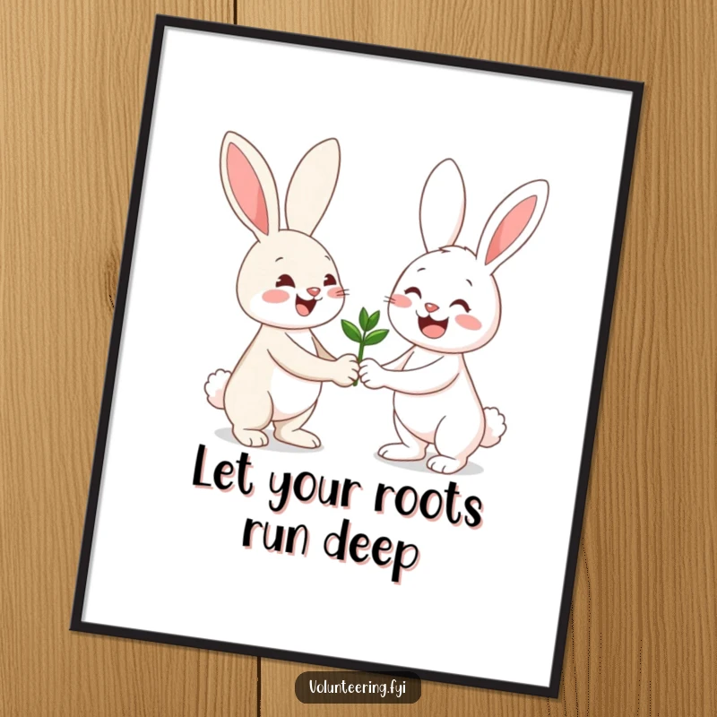 Funny Free Printable Wall Art: A cheerful bunny happily hands a seedling to a smiling friend, creating a delightful, downloadable scene.