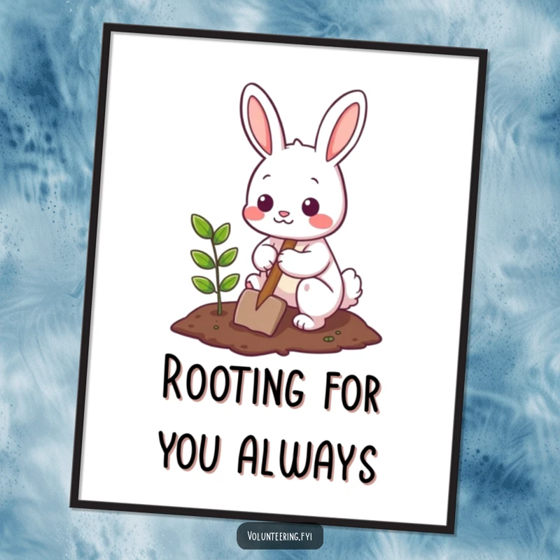 Funny Free Printable Bunny Wall Art: A cute bunny character is happily planting a small tree with a shovel, bringing joy.