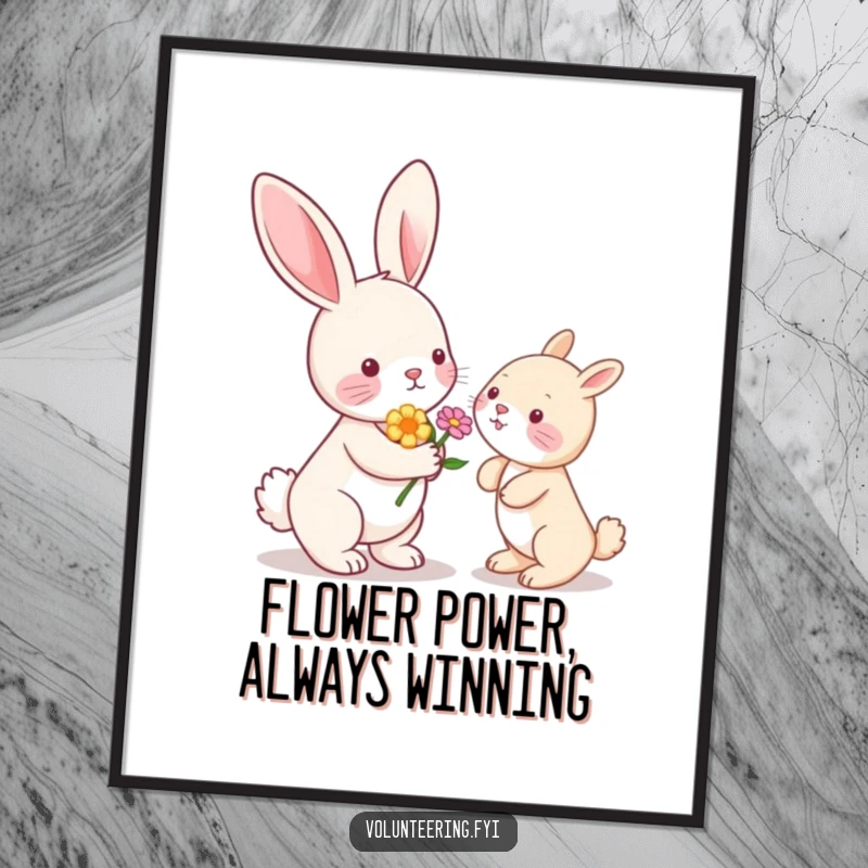Funny Free Printable Wall Art: Smiling Kawaii bunny rabbit holding a flower, cute and cheerful, perfect for whimsical decor.