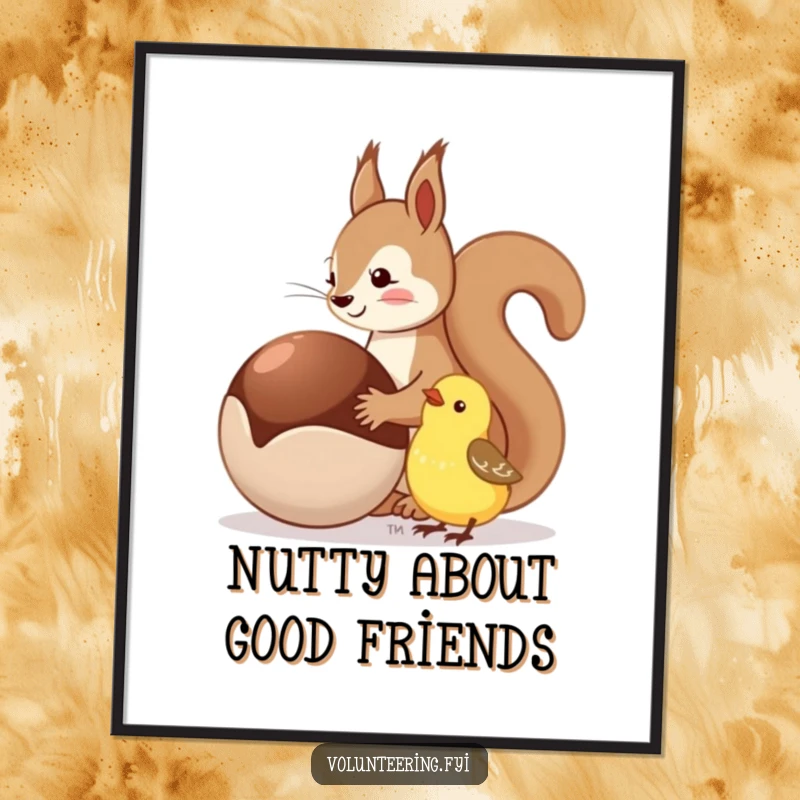 Funny free printable wall art of a squirrel sharing a large nut with a small, happy bird.