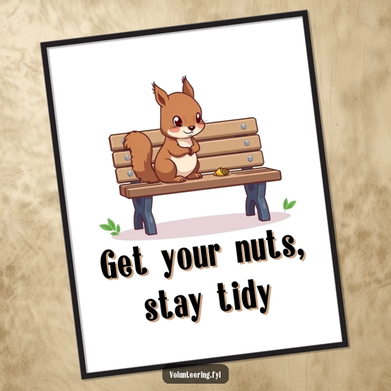 Funny Free Printable Wall Art depicting a diligent squirrel carefully tidying a park bench with focus.