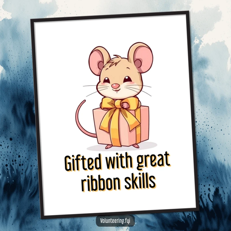 Funny Free Printable Wall Art: A determined mouse meticulously ties a bright ribbon around a beautifully wrapped gift.