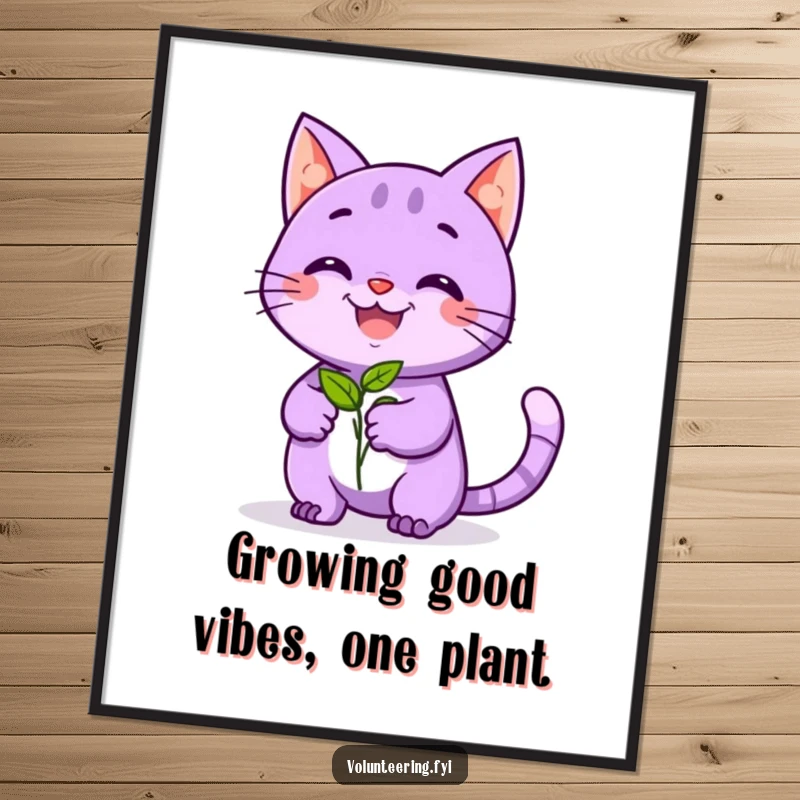 Funny Free Printable Wall Art: A playful purple cat with a beaming smile hands a seedling to a visitor, spreading joy.