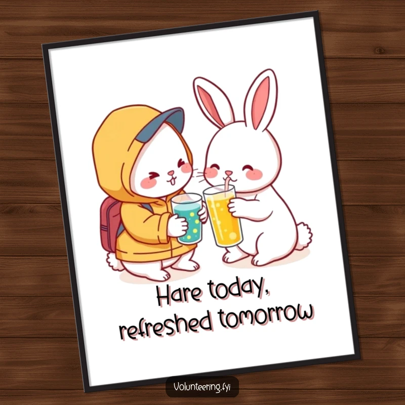 Free Printable Wall Art: Gentle Kawaii rabbit kindly offering a refreshing drink to a friend needing a break.