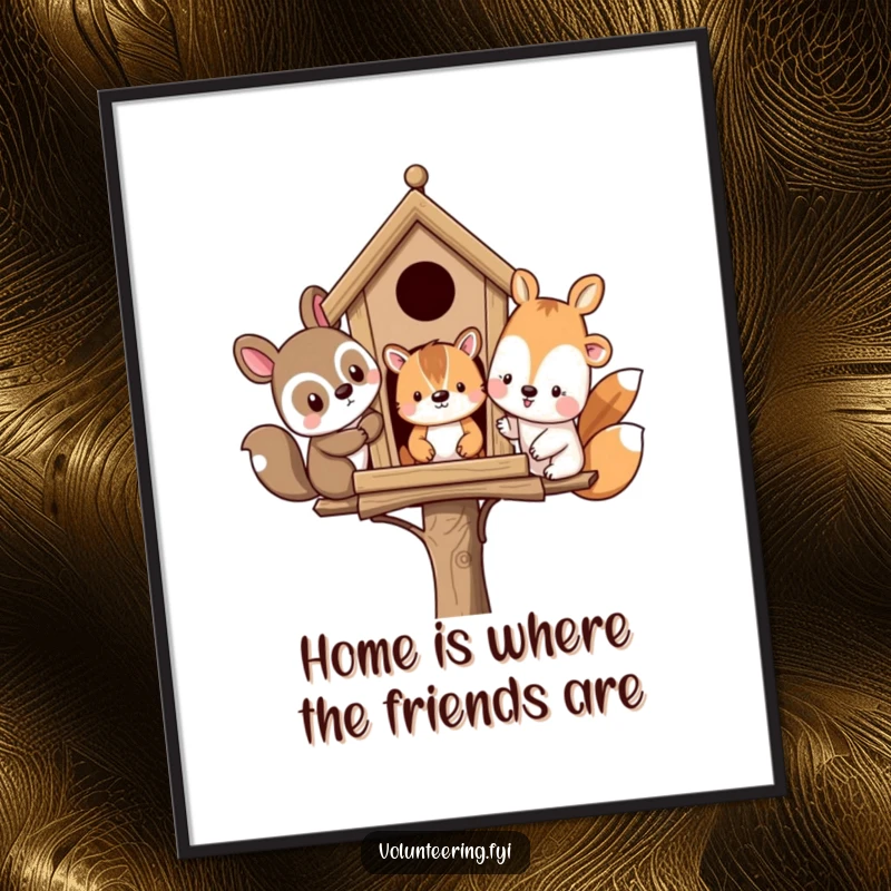 Funny Free Printable Wall Art: Diverse animal friends happily building a birdhouse, creating a scene of teamwork and cheerful atmosphere.