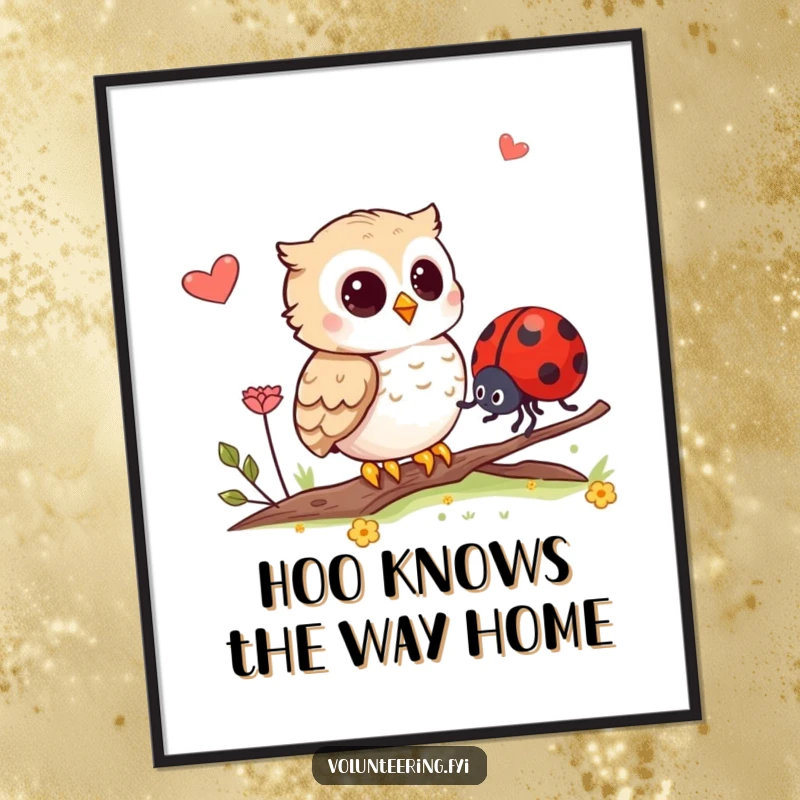Funny Free Printable Wall Art: A wise owl kindly guiding a small ladybug through the woods, creating a heartwarming scene.