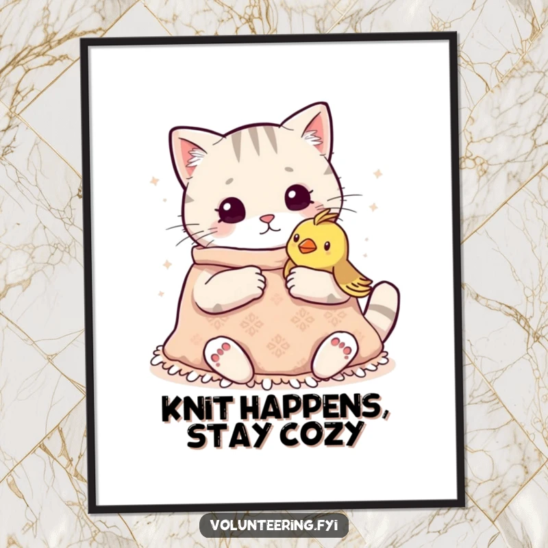 Free Printable Wall Art: Sweet Kawaii cat diligently knitting a warm blanket for a little chilly bird.