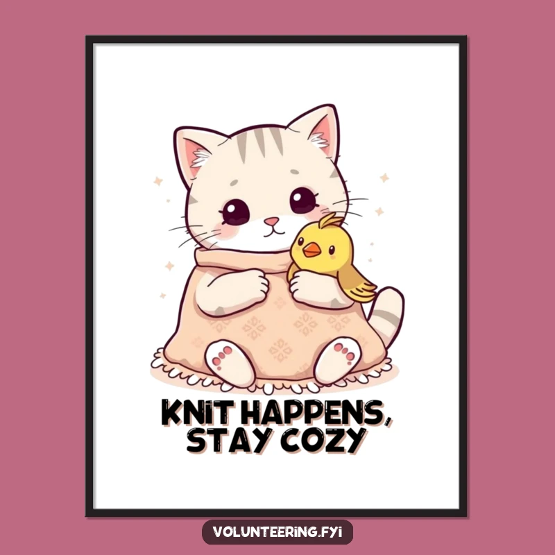 Free Printable Wall Art: Cozy Kawaii Cat Knitting Scene, a Charming Downloadable Gift
