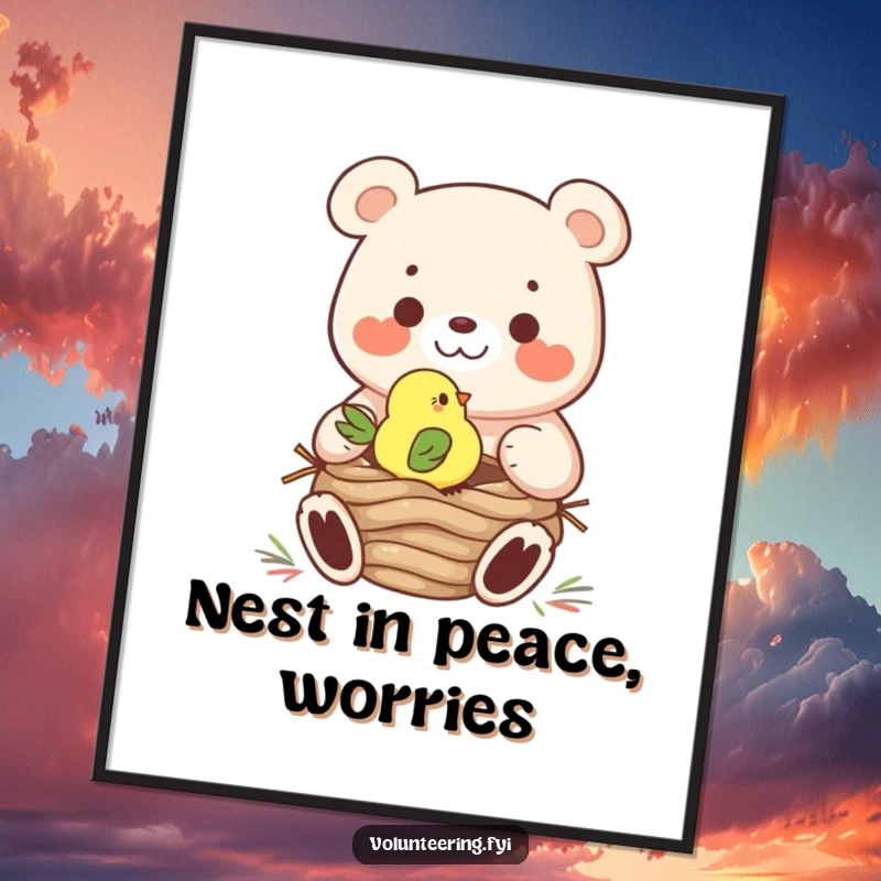 Funny Free Printable Wall Art: Cheerful bear helps tiny bird build a nest, creating a cozy scene.