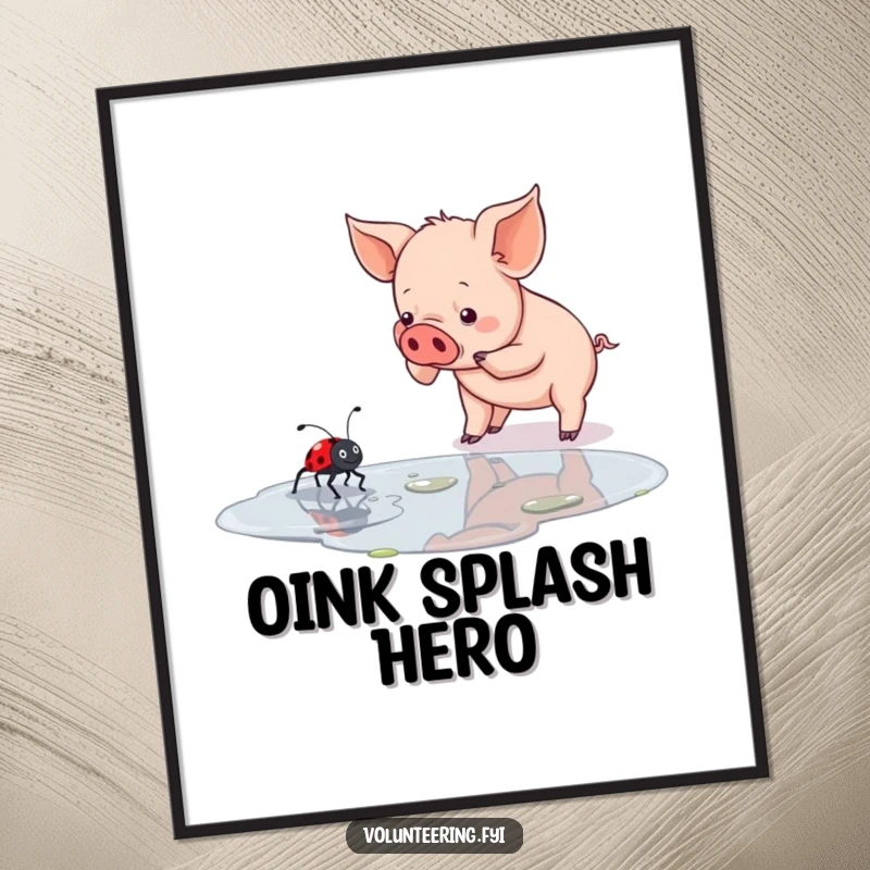 Funny Free Printable Wall Art: A determined piglet gives a ladybug a ride across a puddle, a scene of unexpected heroism.