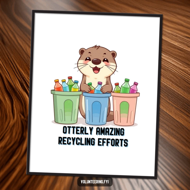 Funny Free Printable Wall Art: Cheerful otter enthusiastically sorting colorful plastic bottles into recycling bins, promoting eco-friendly habits.