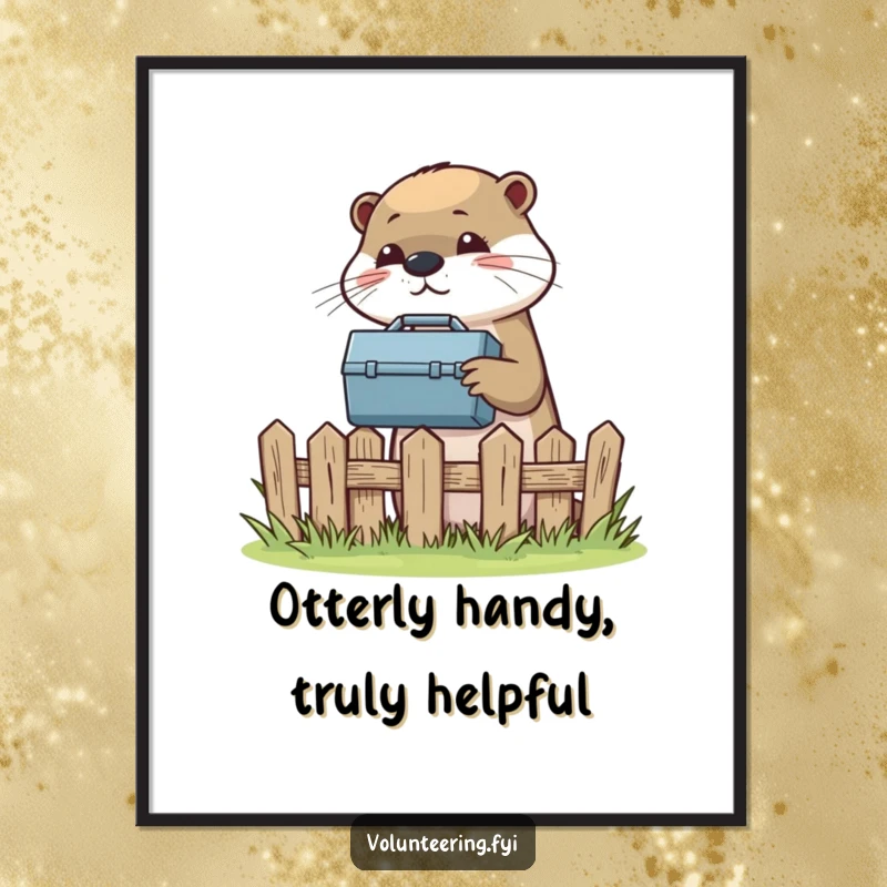 Funny Free Printable Wall Art: A helpful otter proudly passes a toolbox over a fence, a humorous downloadable scene.