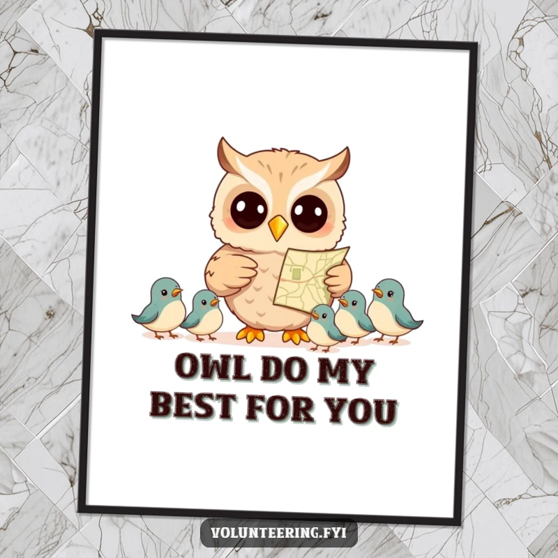 Free Printable Wall Art: A smiling owl points at a map, leading a group of small, curious birds on an exciting journey.