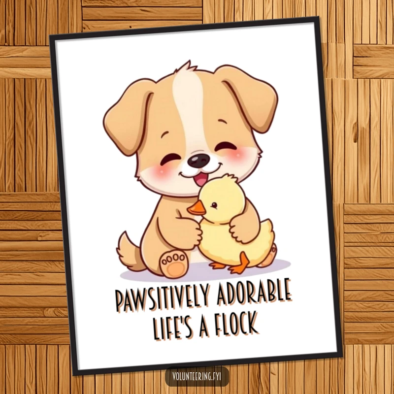 Charming free printable wall art depicting a happy dog gently petting a small, fluffy duckling, showcasing friendship and care.