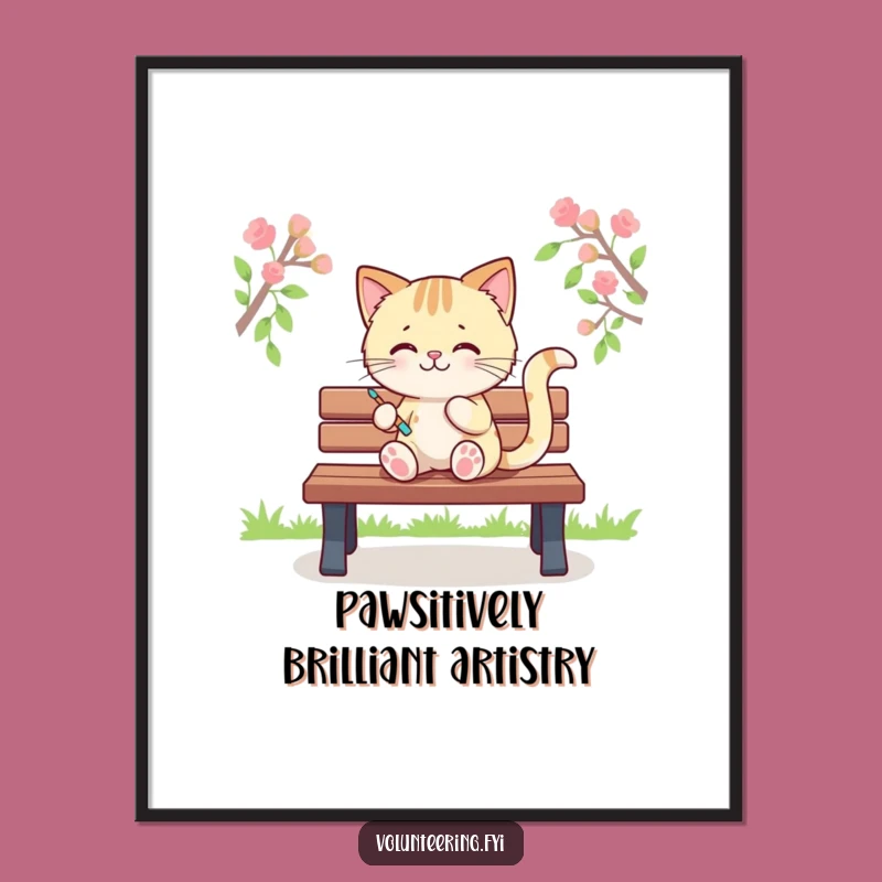 Free Printable Wall Art: Artistic Kawaii Cat Bench Stripes Decor Downloadable