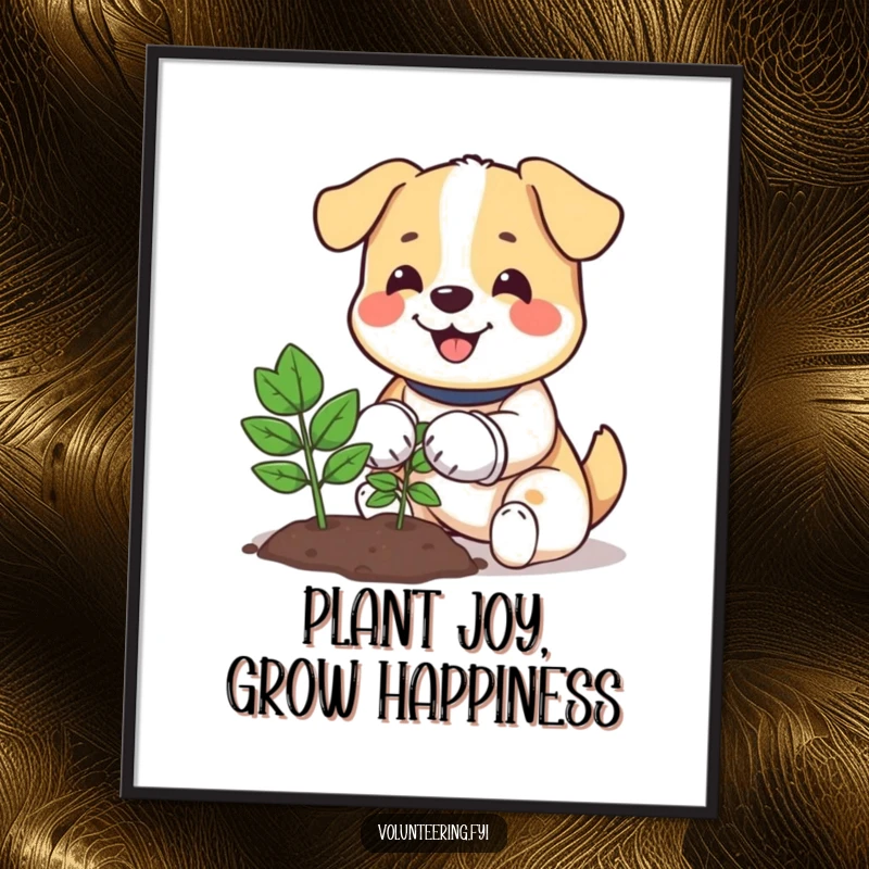 Funny free printable wall art depicting a happy dog wearing gloves, planting a small tree, radiating positivity and a love for nature.