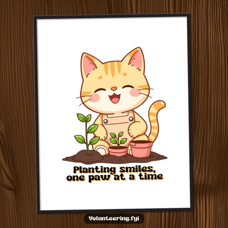Funny Free Printable Wall Art: A cheerful cat in an apron with a bright smile plants a tiny seedling, adorable and heartwarming.