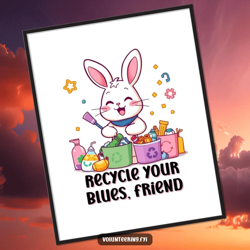 Funny Free Printable Wall Art: Happy rabbit enthusiastically sorts colorful recycled items, promoting eco-friendly fun.