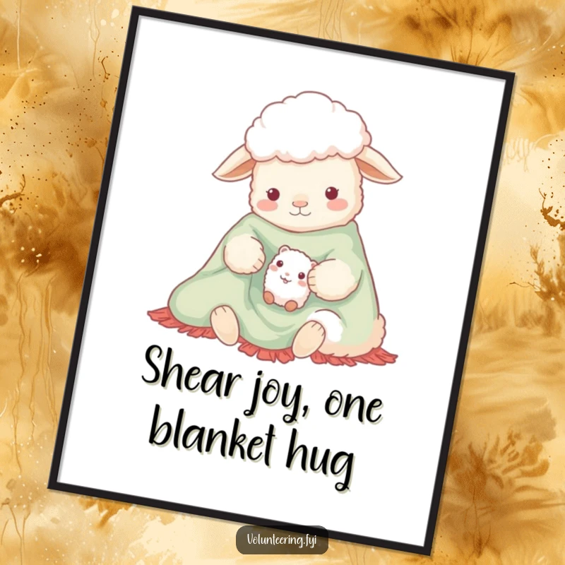 Free Printable Wall Art: A serene scene of a gentle sheep sharing a bright, comforting blanket with a small, happy creature.