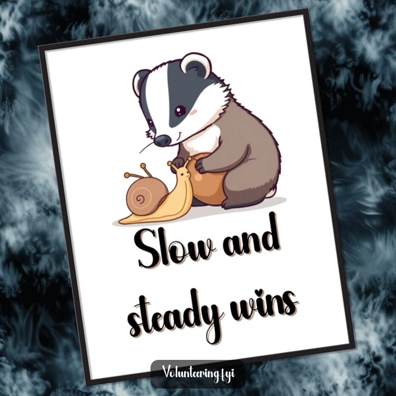 Funny Free Printable Wall Art: A diligent badger meticulously polishes a snail's shell, embodying focus and care.