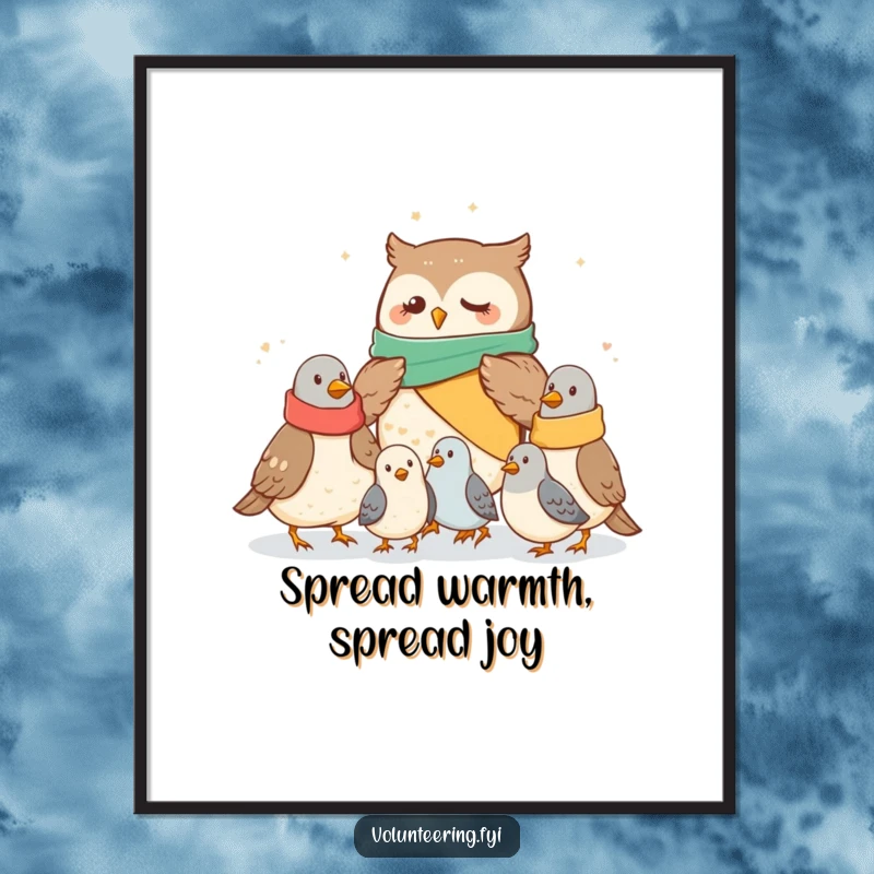 Cute Free Printable Wall Art: Adorable owl sharing snuggly blankets with chilly pigeons, creating a scene of warmth.