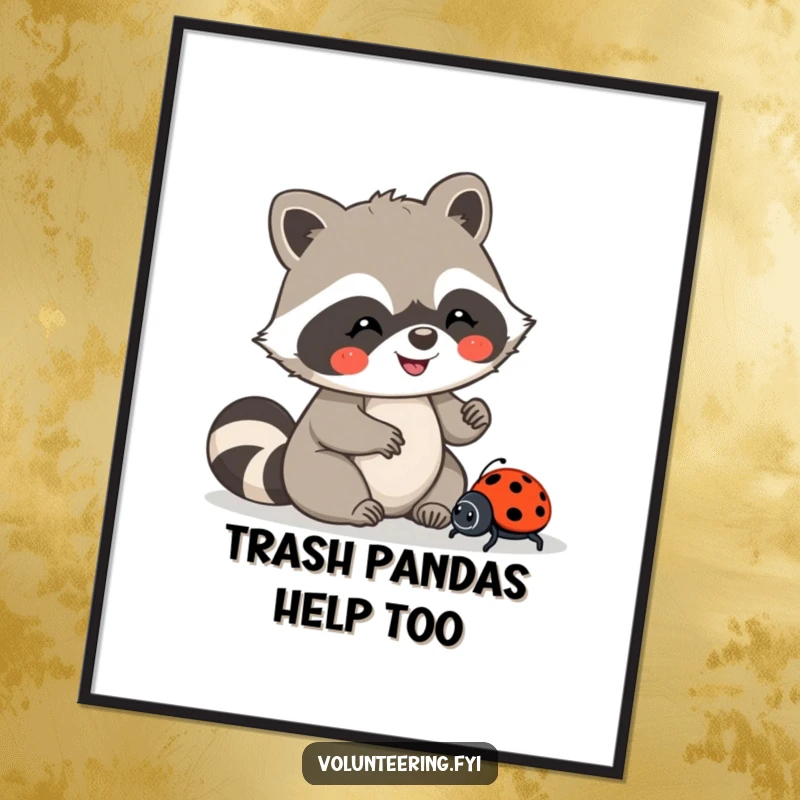Funny Free Printable Wall Art: A joyful Kawaii raccoon carefully guiding a lost ladybug, a scene of helpfulness and charm.