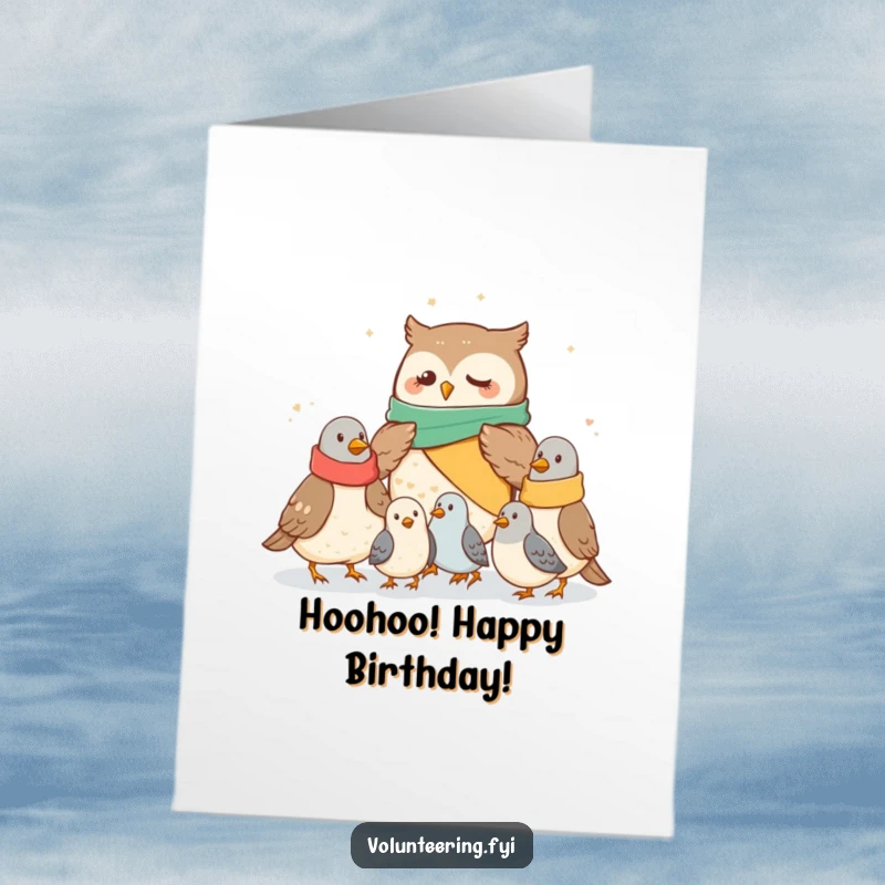 Cute Free Printable Birthday Card: Adorable owl distributing cozy blankets to shivering pigeons, spreading birthday warmth.