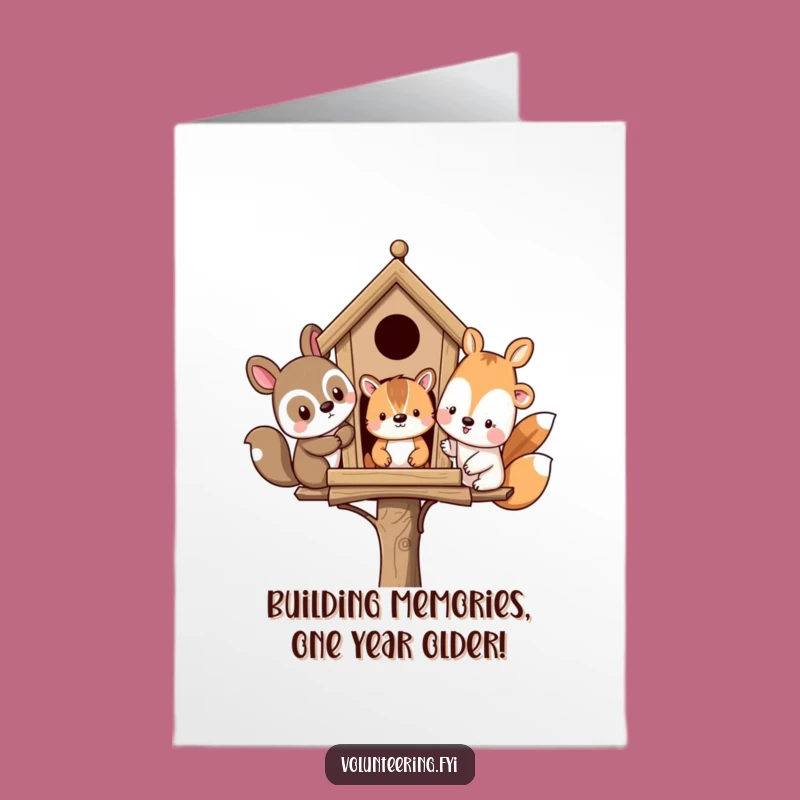 Free Printable Birthday Card: Funny Animal Friends Building A Birdhouse DIY Gift