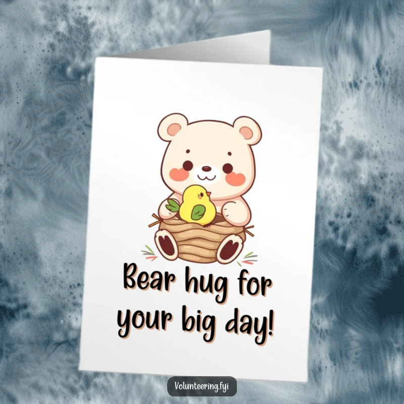 Funny Free Printable Birthday Card: Cheerful bear helps tiny bird build a cozy nest, spreading birthday cheer.