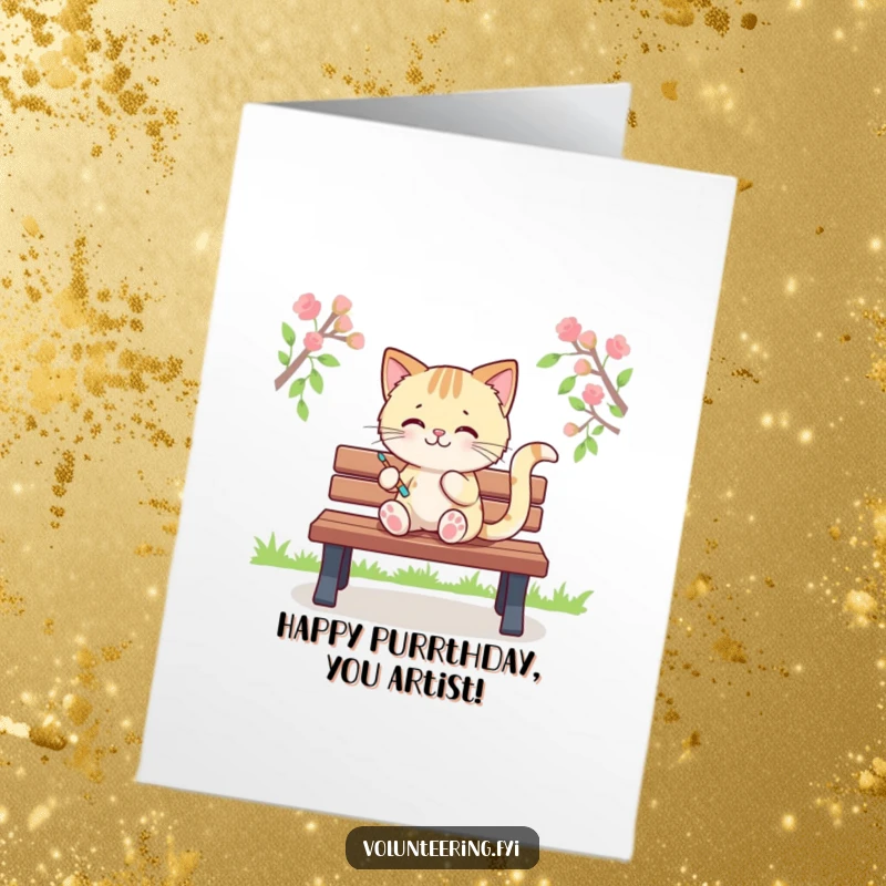 Funny Free Printable Birthday Card: A Kawaii cat focused on painting colorful stripes onto a park bench, art in progress.