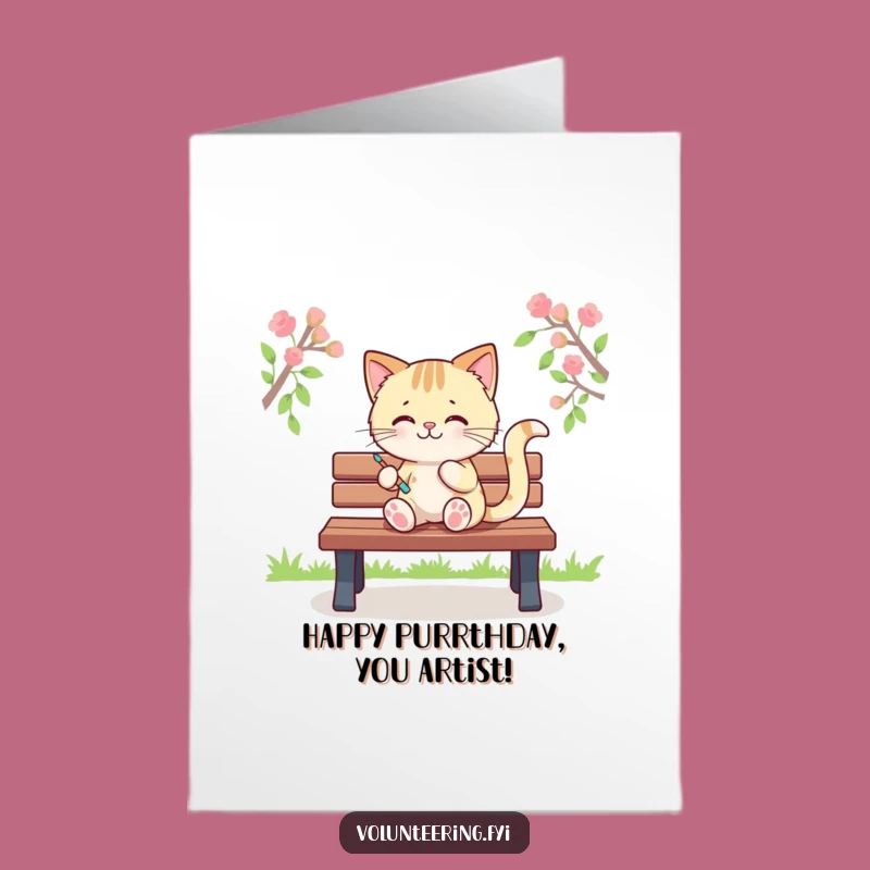 Free Printable Birthday Card: Artistic Kawaii Cat Bench Stripes Funny Gift