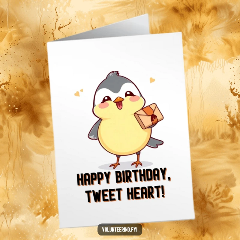 Free Printable Birthday Card: A joyful chickadee flies with a small parcel, chirping happily to deliver a birthday surprise.