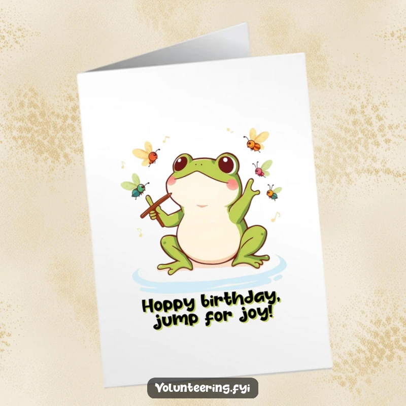 Free Printable Birthday Card: Energetic Kawaii frog conducting an orchestra of happy insects, celebrating your big day.