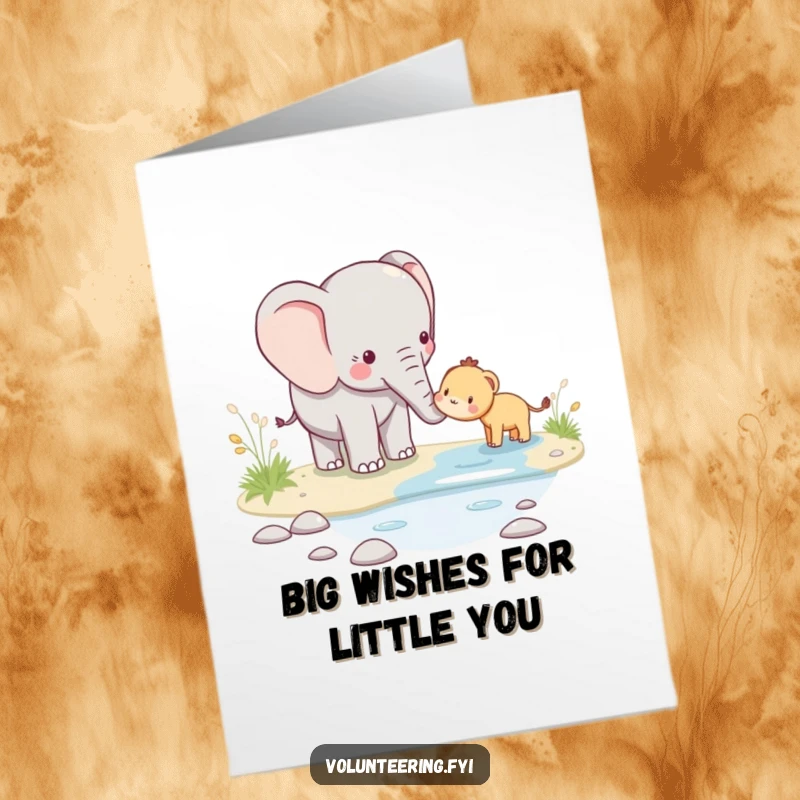 Funny Free Printable Birthday Card: A kind kawaii elephant helps a tiny friend cross a gentle stream, symbolizing support.