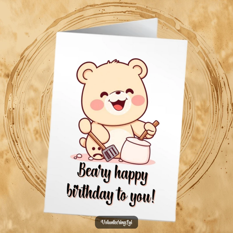Funny Free Printable Birthday Card: Happy Kawaii bear joyfully cleaning up litter, spreading cheer with a huge grin.