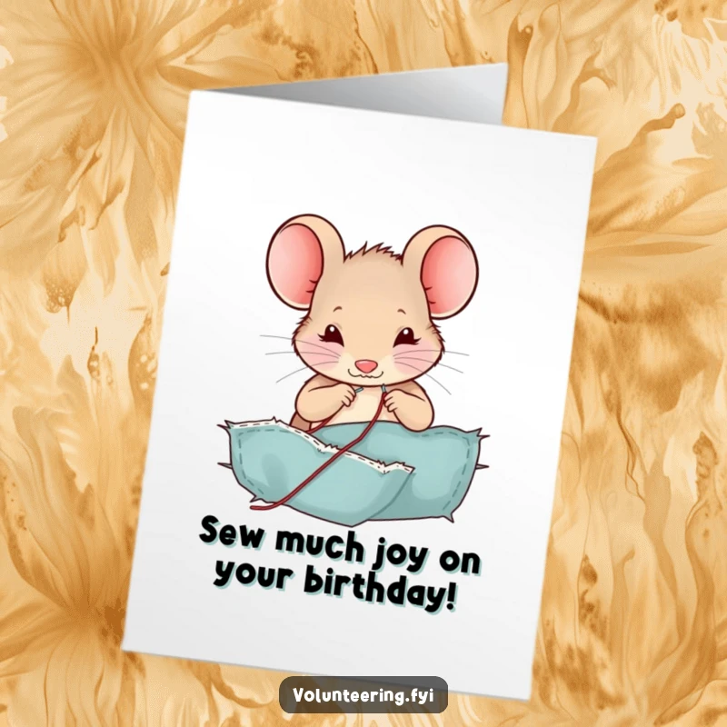 Funny Free Printable Birthday Card: Contented mouse wearing a thimble sewing a patch with a tiny needle and thread.