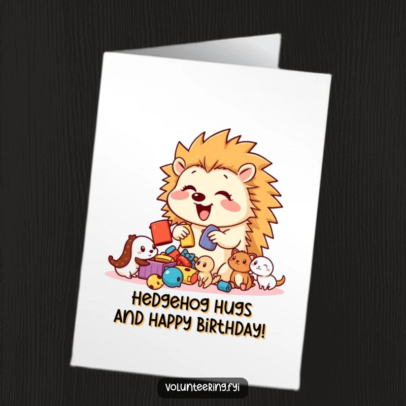 Funny Free Printable Birthday Card: Hedgehog Enthusiastically Sorts Toys, Playful and Happy, Cute Woodland Creatures.