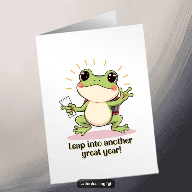 Funny Free Printable Birthday Card: Jumping frog with a tiny backpack beaming while handing out flyers, energetic and cheerful.