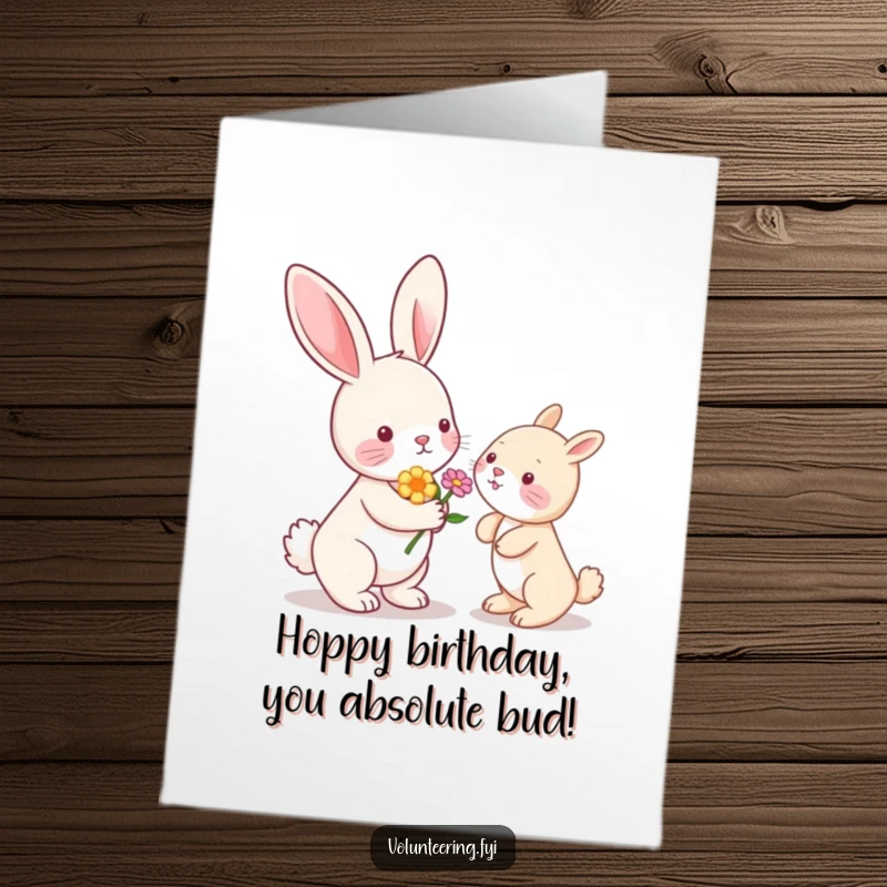 Funny Free Printable Birthday Card: Kawaii bunny rabbit offering a delicate flower, adorable and cheerful, perfect for gifting.