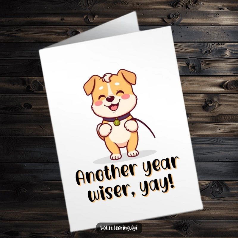 Funny Free Printable Birthday Card: Friendly Kawaii dog holds leash, ready for a birthday walk with their elder.