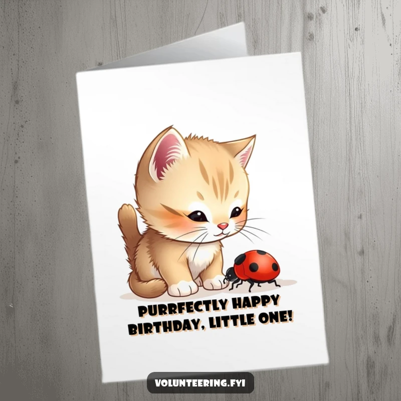 Funny Free Printable Birthday Card: A curious kitten gently guides a lost ladybug, spreading birthday cheer.