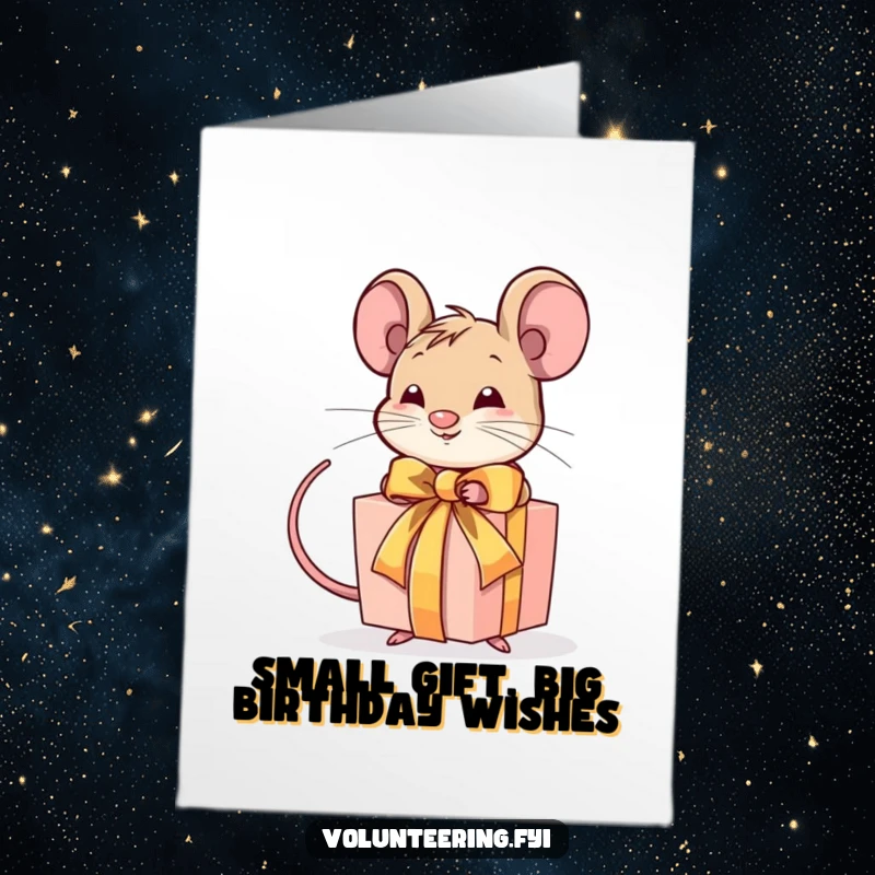 Funny Free Printable Birthday Card: A determined mouse skillfully ties a bright ribbon on a gift.