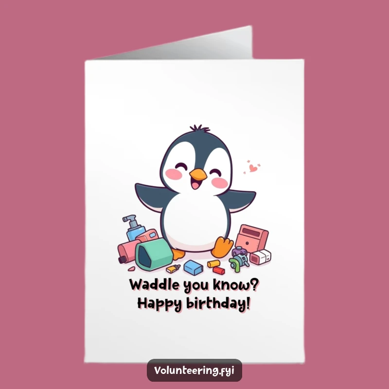 Free Printable Birthday Card: Penguin Tidy Up, Funny Downloadable Greeting for Party