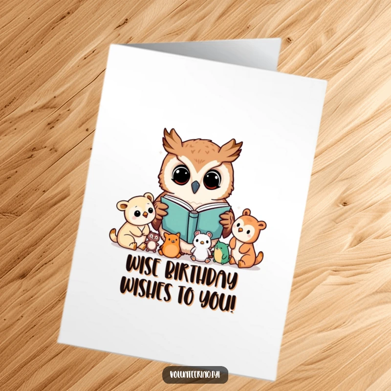 Funny Free Printable Birthday Card: A curious Kawaii owl engrossed in reading a book to attentive young woodland animals.
