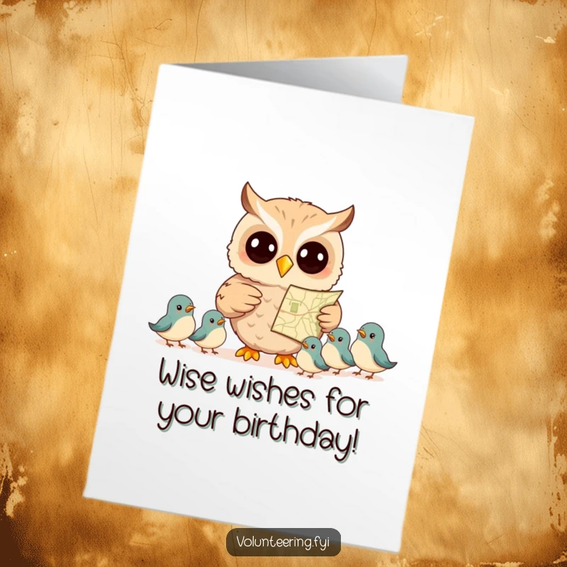Free Printable Birthday Card: A smiling owl with a map, pointing the way to fun for a group of eager, small birds.