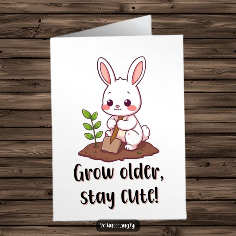 Funny Free Printable Bunny Birthday Card: A cute bunny uses a shovel to plant a tiny tree, celebrating a special day.