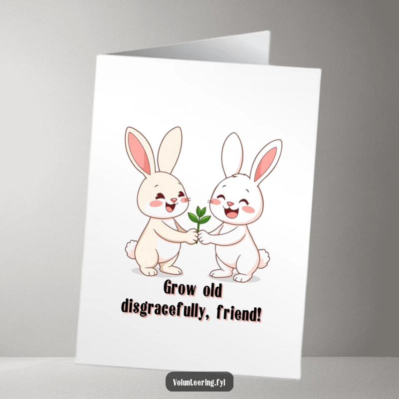 Funny Free Printable Birthday Card featuring a cheerful bunny gifting a seedling to a beaming friend, perfect for a downloadable gift.