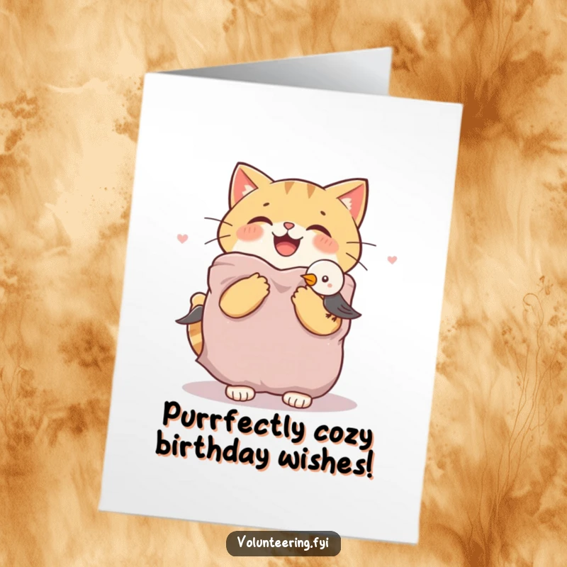 Funny Free Printable Birthday Card: A joyful cat offers a cozy blanket to a shivering bird with a gentle expression.