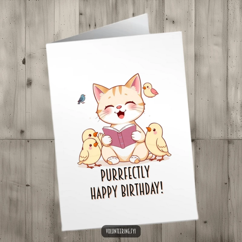 Funny free printable birthday card featuring a cheerful cat reading a book to a group of attentive birds, creating a scene of gentle storytelling.