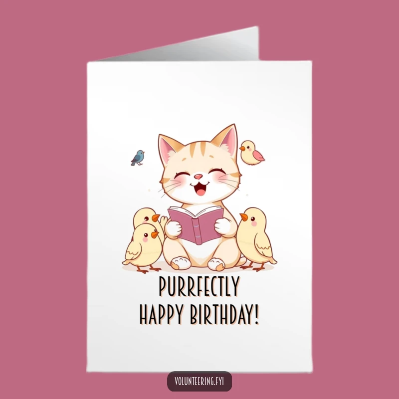 Free Printable Cat Reading Birds Birthday Card: Whimsical Downloadable Fun